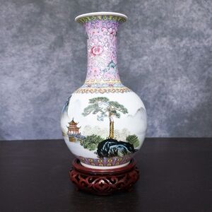 Vintage Chinese Famille Rose Pink Floral Mountain Landscape Porcelain Vase
